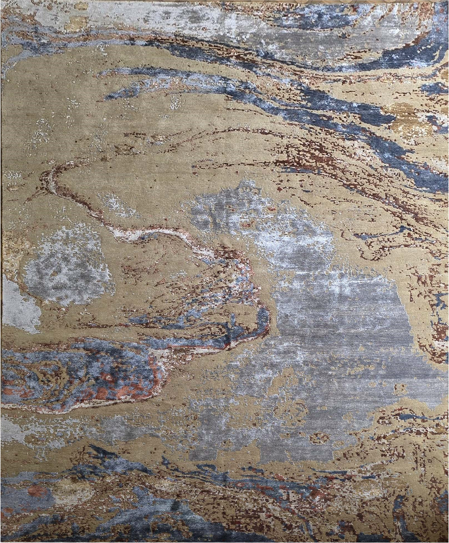 Handmade Modern Cream, Rust and  Blue  Rug | NZ Wool & Bamboo Silk |