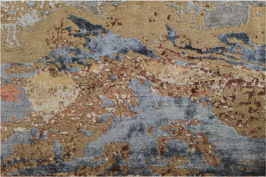 Handmade Modern Cream, Rust and  Blue  Rug | NZ Wool & Bamboo Silk |