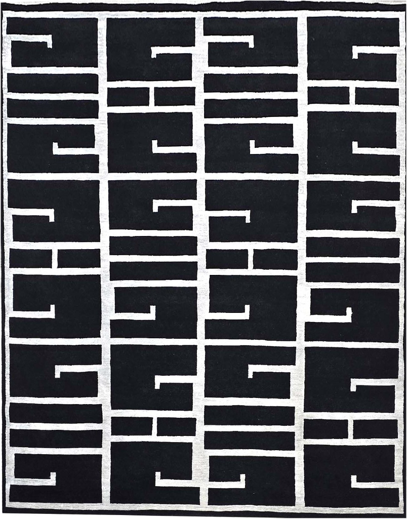 Handmade Modern Black & Silver Rug | NZ Wool with Bamboo Silk |  9×12