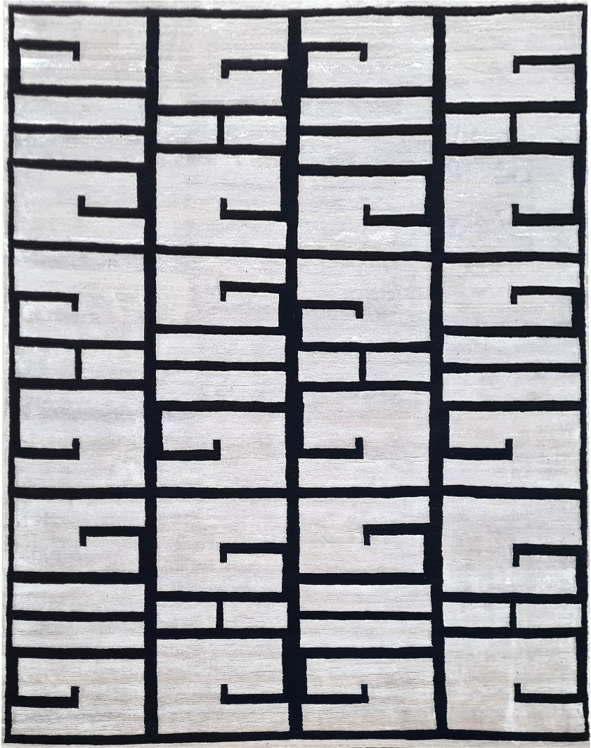 Handmade Modern Black & Silver Rug | NZ Wool with Bamboo Silk |  9×12