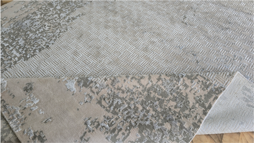 Handmade Modern Beige & Silver Rug | Semi Wool & Bamboo Silk