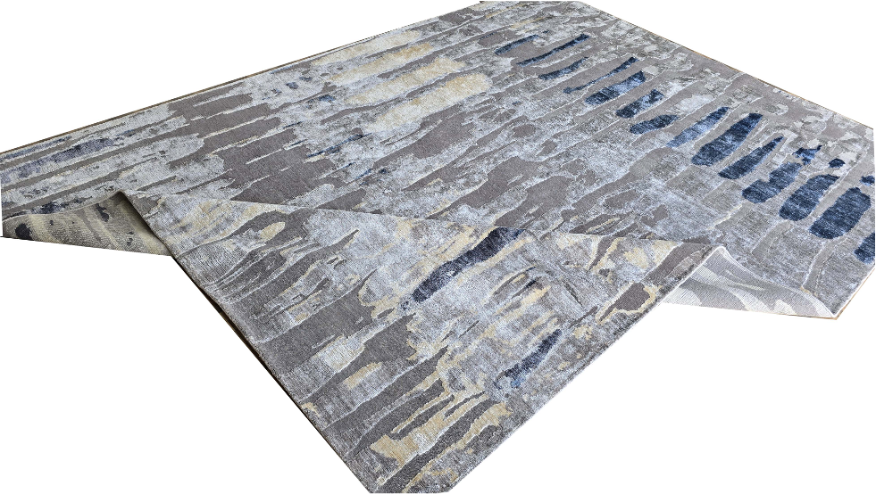 Handmade Modern Grey–Silver–Blue Rug | NZ Wool & Bamboo Silk |