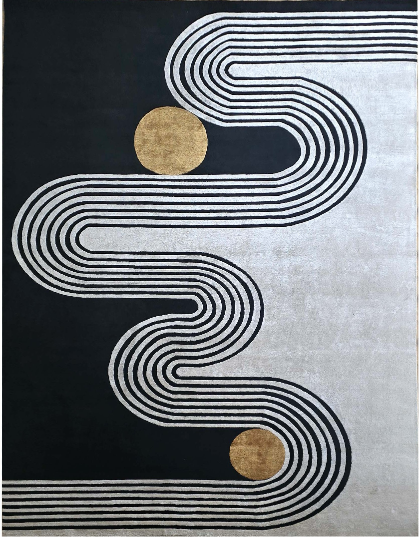 Handmade Modern Geometric Rug – Grey, Silver & Blue | Semi Wool with Tensile Silk