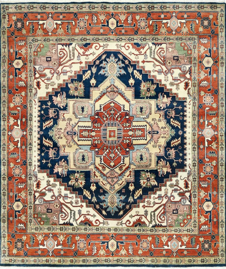 Hand-Knotted Heriz Oriental Wool Rug – 8x10 ft | Traditional Persian Design from India